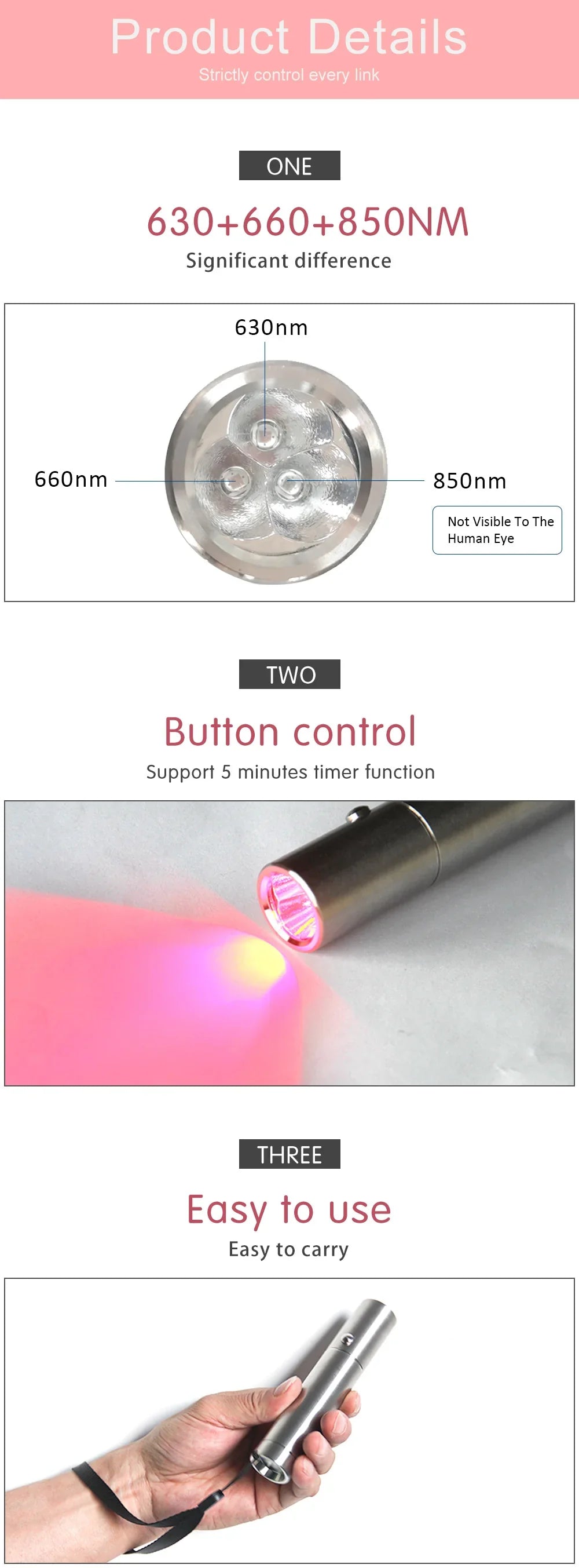 630nm 660nm 850nm Handheld Torch red light therapy 3 color led photon light therapy flashlight