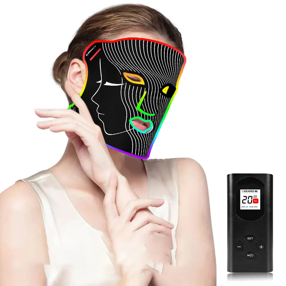 7-Color LED Facial Therapy Mask with Neck Attachment 470nm, 520nm, 630nm Light Wavelengths