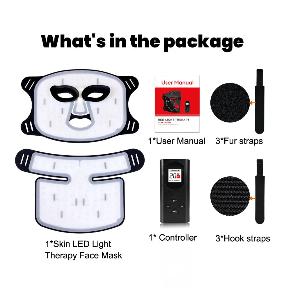 7-Color LED Facial Therapy Mask with Neck Attachment 470nm, 520nm, 630nm Light Wavelengths