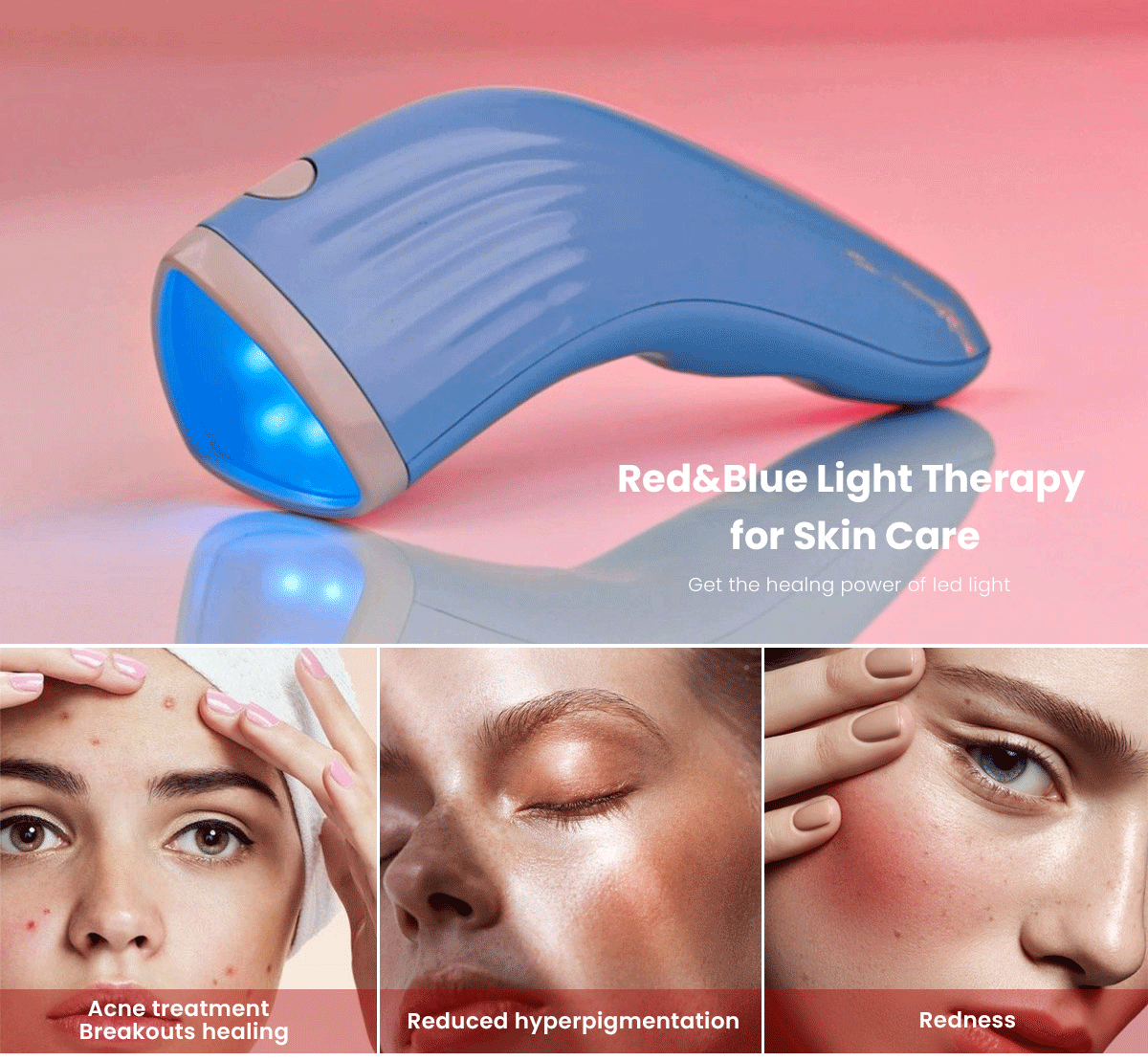 2-in-1 Red and Blue Light Therapy Wand Massager for Skincare, Anti-Aging & Pain Relief