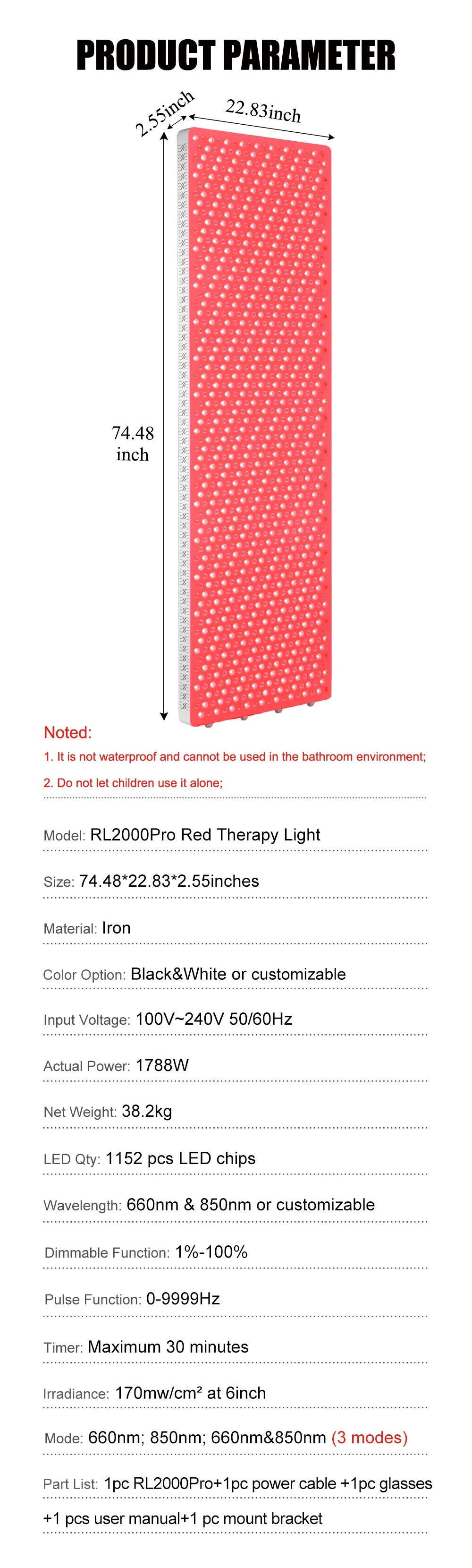 630 810 830nm New Red Light Therapy Panel New Control System Full Body Big Size 660nm&850nm For SPA Healthy Care RL2000pro New