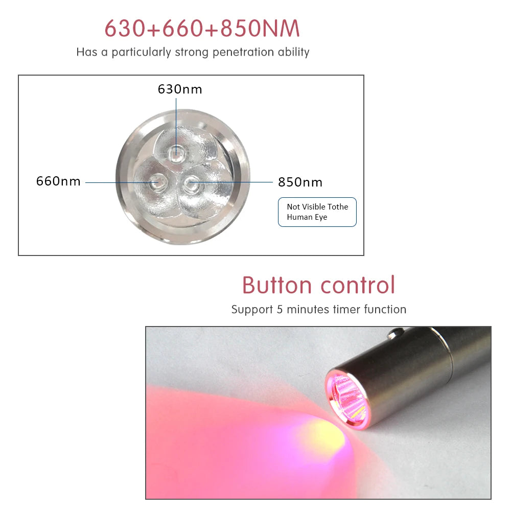 Portable Infrared LED Red Light Therapy Pen 3 Wavelength Light Torch